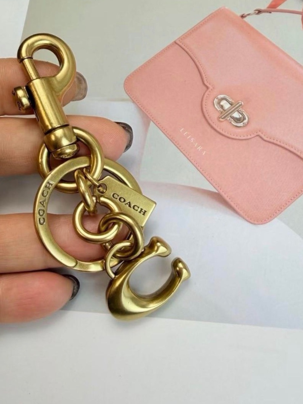 COACH Pink Leather Card & Key Holder with Gold Hardware